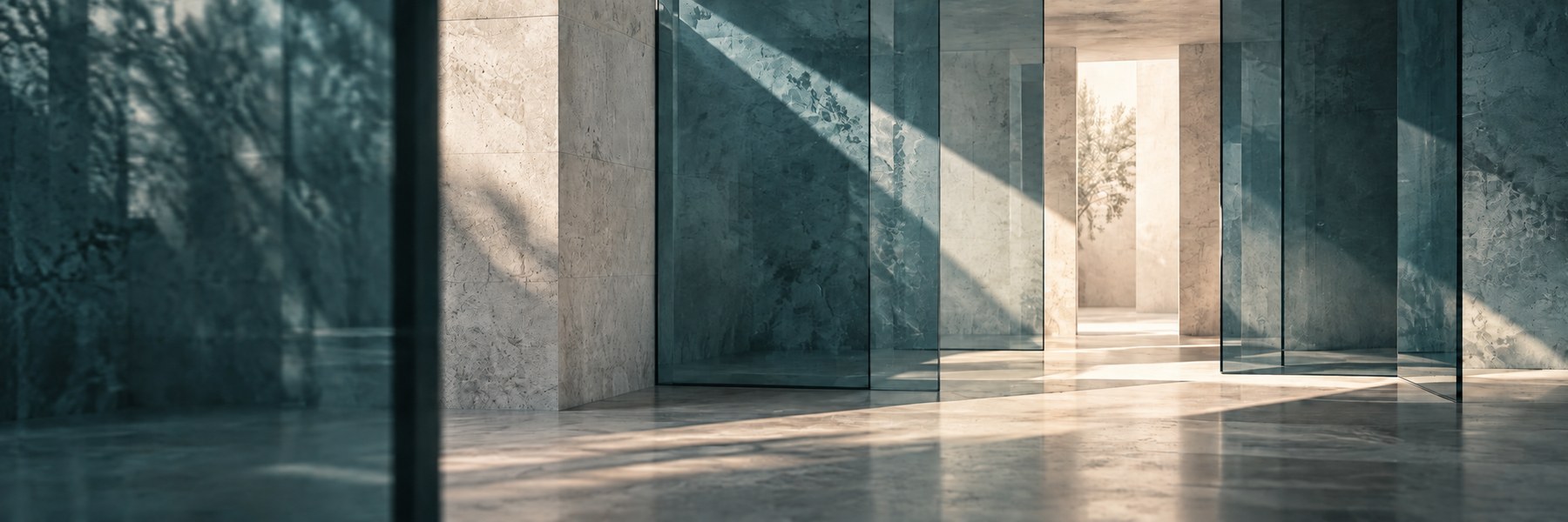 A sunlit passage between green glass panels